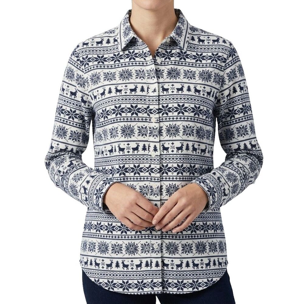 Lands End Womens Shirt 14 Navy White Fair Isle Flannel Button Up Christmas Top